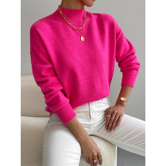 preppy hot pink barbie barbiecore Mock Neck oversized Sweater - Picture 1 of 6